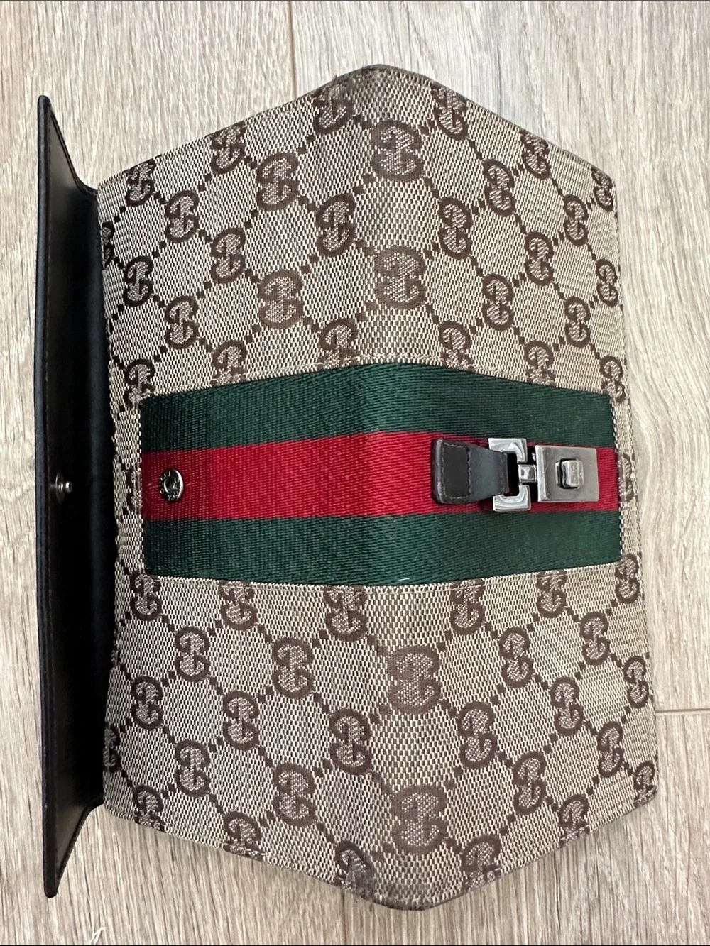 Gucci Brown Monogram Continental Wallet with Green and Red Web Stripe